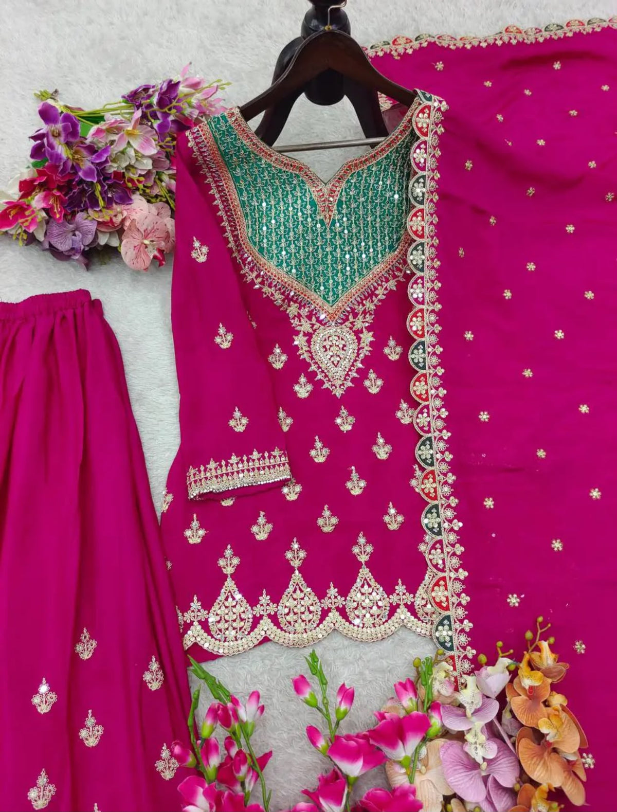 Purple Chinon Silk Embroidered Palazzo Set with Mirror Work Dupatta in Berlin
