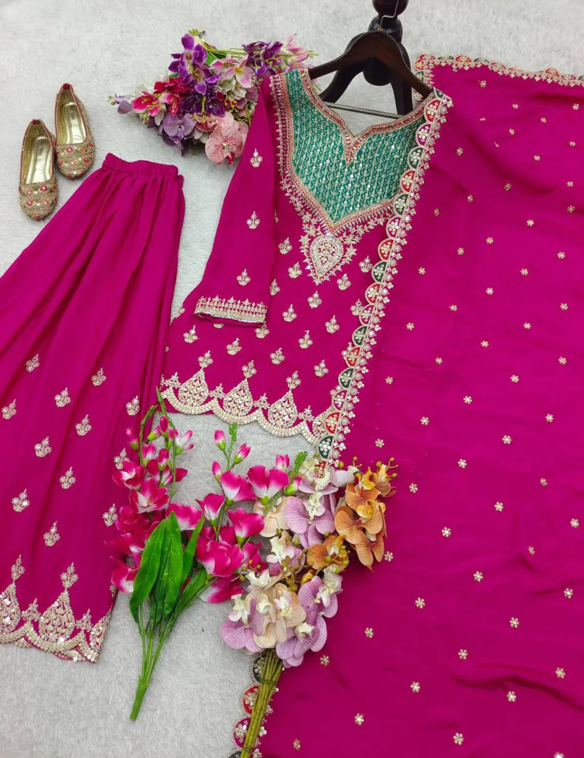 Purple Chinon Silk Embroidered Palazzo Set with Mirror Work Dupatta in Berlin