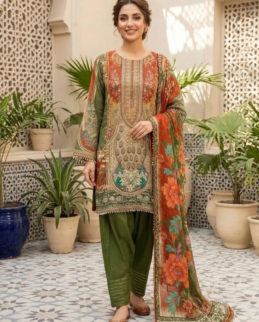Forest Green Chevron Digital Prints Tassel Accent Crepe Full Suit Set With Farshi Salwar & Dupatta in Germany