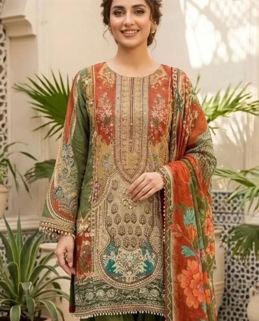 Forest Green Chevron Digital Prints Tassel Accent Crepe Full Suit Set With Farshi Salwar & Dupatta in Germany