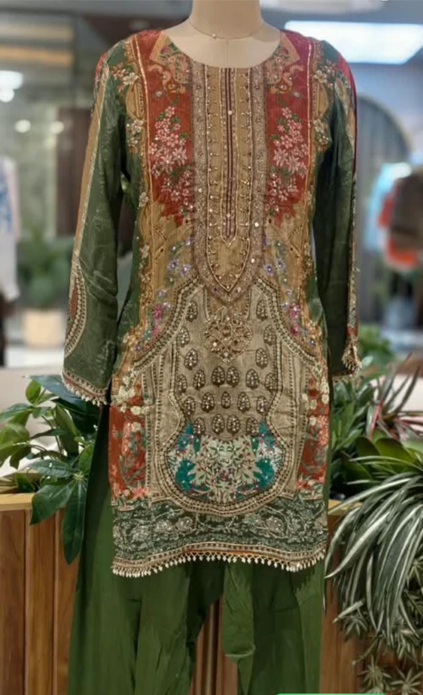 Forest Green Chevron Digital Prints Tassel Accent Crepe Full Suit Set With Farshi Salwar & Dupatta in Germany