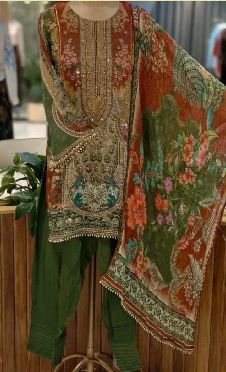 Forest Green Chevron Digital Prints Tassel Accent Crepe Full Suit Set With Farshi Salwar & Dupatta in Germany