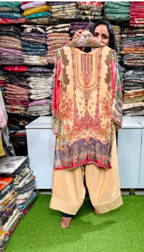 Beige and Peach Floral Printed Crepe Pakistani Salwar Kameez Suit in Germany