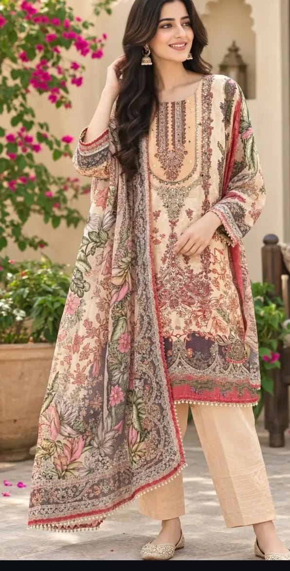 Beige and Peach Floral Printed Crepe Pakistani Salwar Kameez Suit in Germany