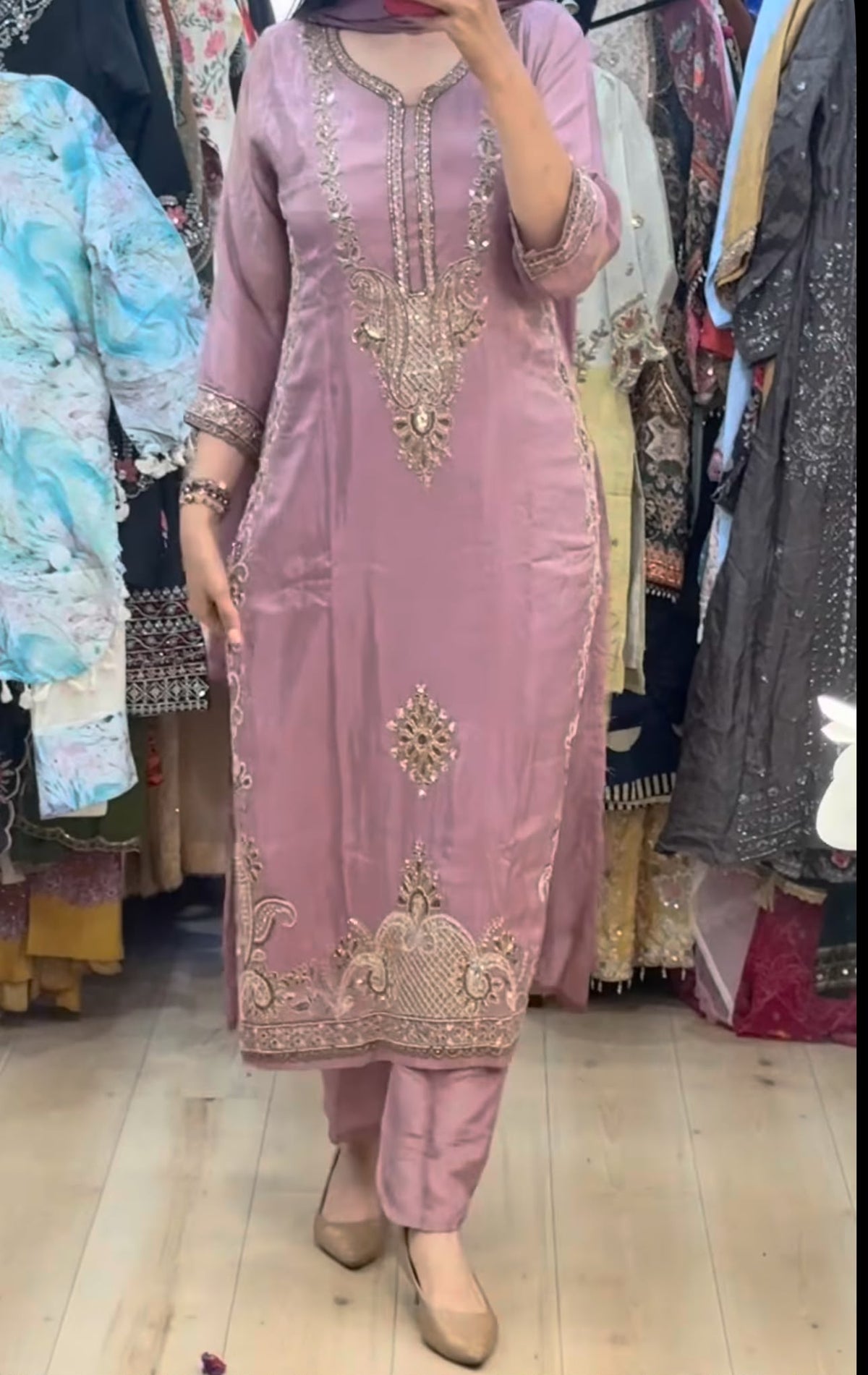Traditional Mauve Silk Embroidered Kurta Pant Set in Germany