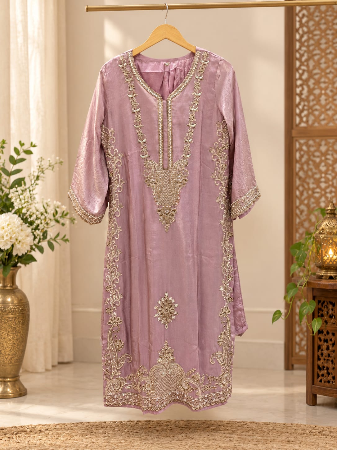 Traditional Mauve Silk Embroidered Kurta Pant Set in Germany
