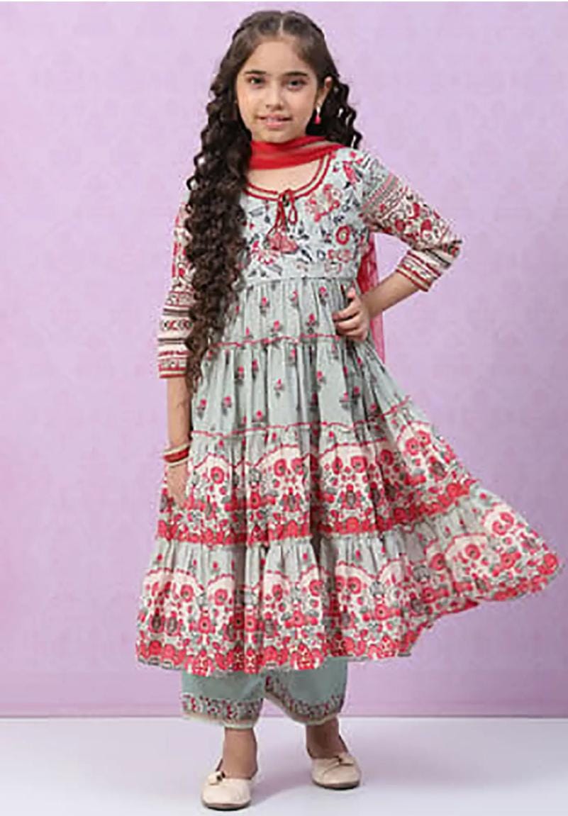 Grey & Red Floral Print Kurta, Plazzos with Dupatta in Germany