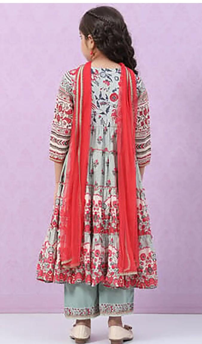 Grey & Red Floral Print Kurta, Plazzos with Dupatta in Germany