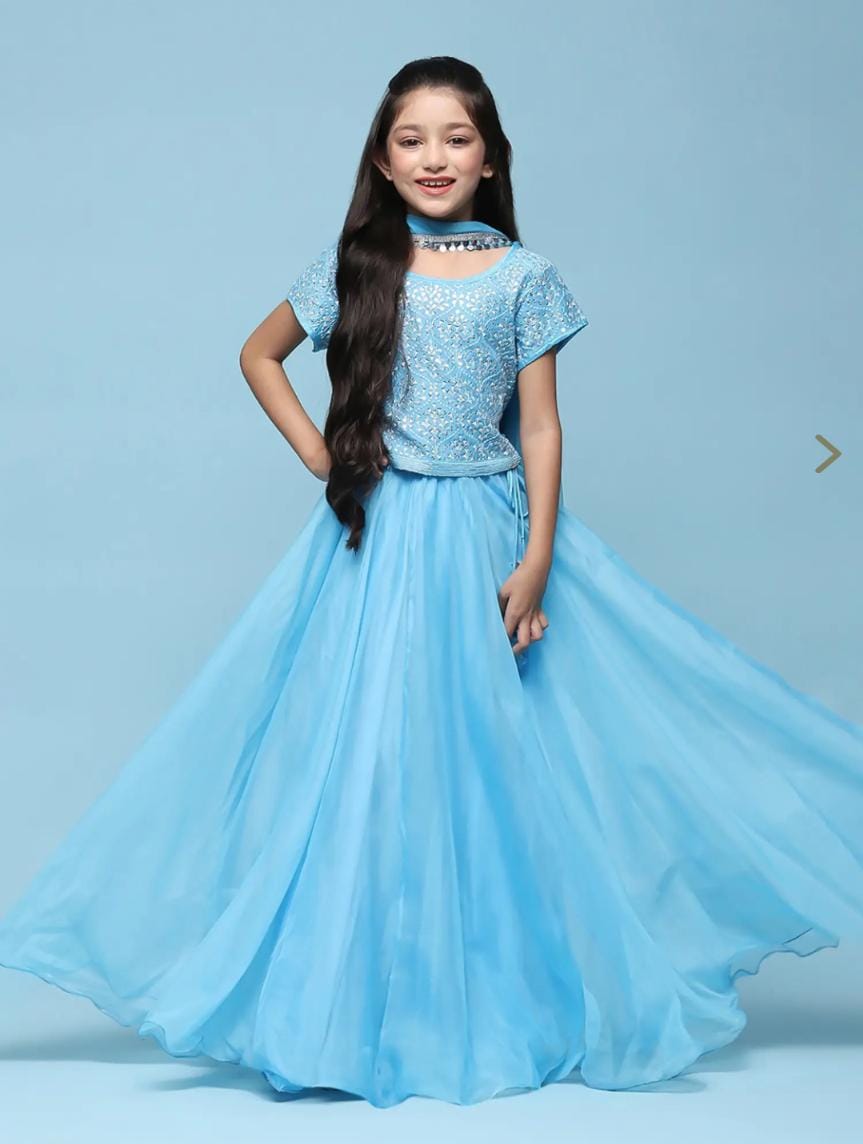 Girls Kids Blue Embroidered Lehenga Set - Neha Couture Berlin