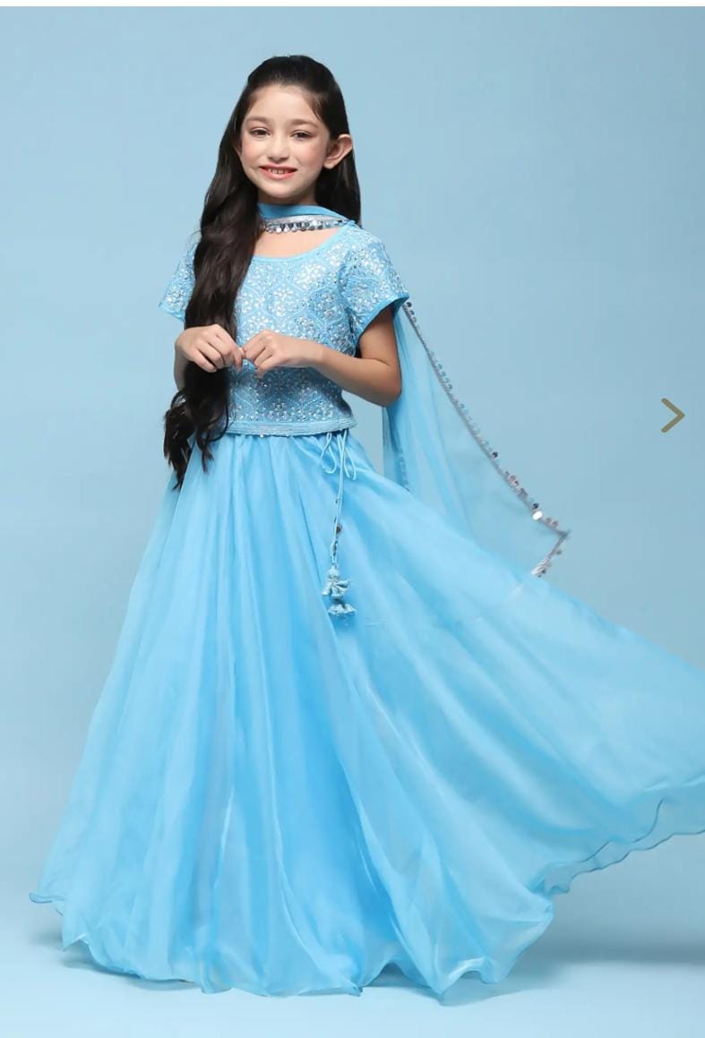 Girls Kids Blue Embroidered Lehenga Set - Neha Couture Berlin