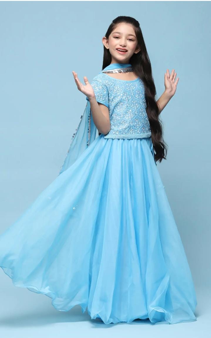Girls Kids Blue Embroidered Lehenga Set - Neha Couture Berlin