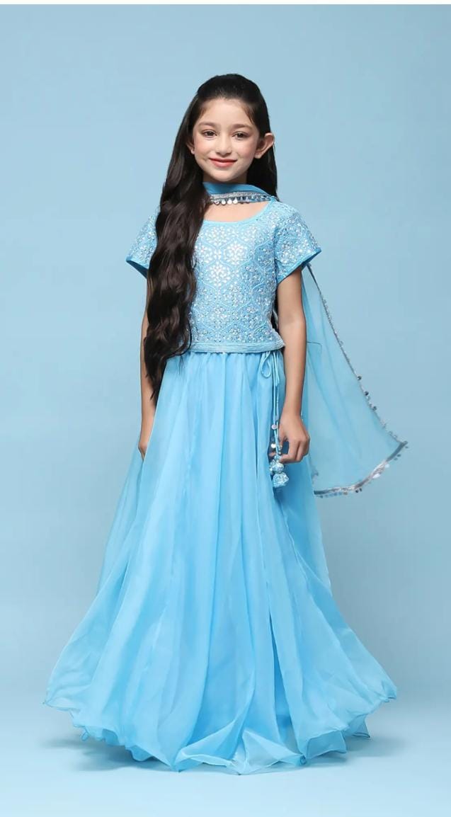 Girls Kids Blue Embroidered Lehenga Set - Neha Couture Berlin