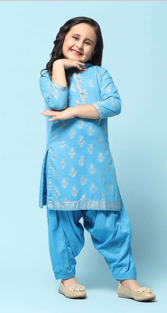 Blue Cotton Straight Printed Kurta Patiala Salwar Suit Set in Germany - Neha Couture Berlin