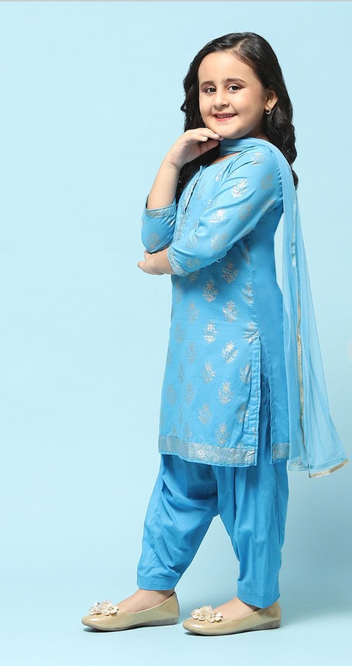 Blue Cotton Straight Printed Kurta Patiala Salwar Suit Set in Germany - Neha Couture Berlin