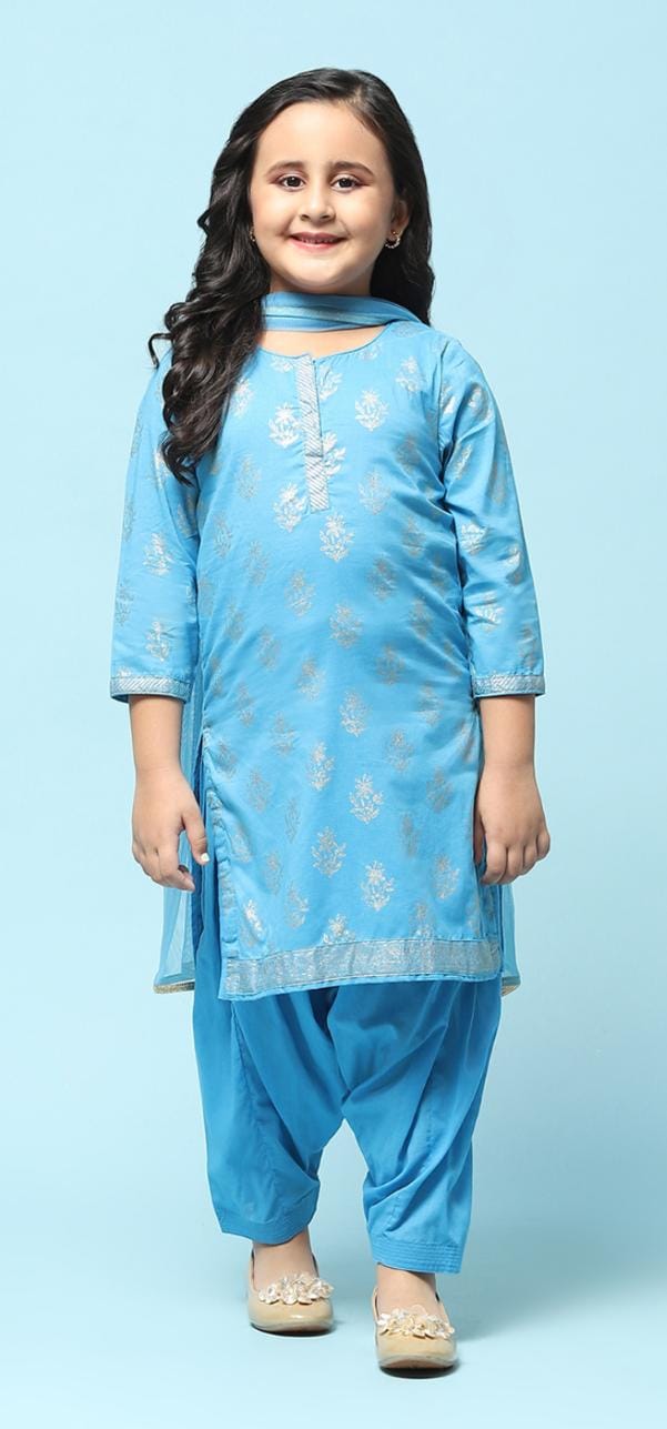 Blue Cotton Straight Printed Kurta Patiala Salwar Suit Set in Germany - Neha Couture Berlin