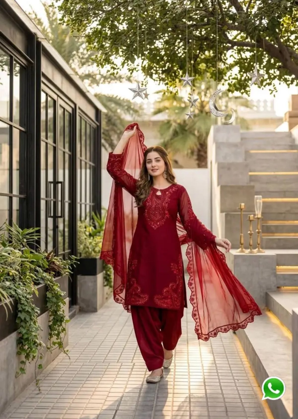 Elegant Deep Maroon Pink Stylish Fancy Cut Work Top With Fully Stitched Plazzo And Faux Georgette Dupatta in Berlin