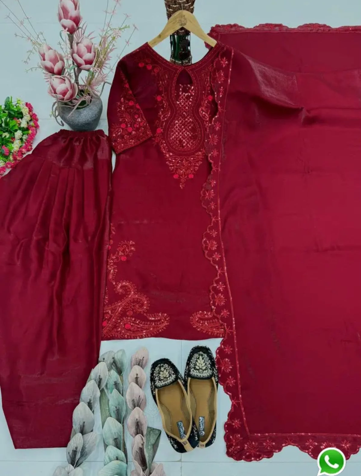 Elegant Deep Maroon Pink Stylish Fancy Cut Work Top With Fully Stitched Plazzo And Faux Georgette Dupatta in Berlin