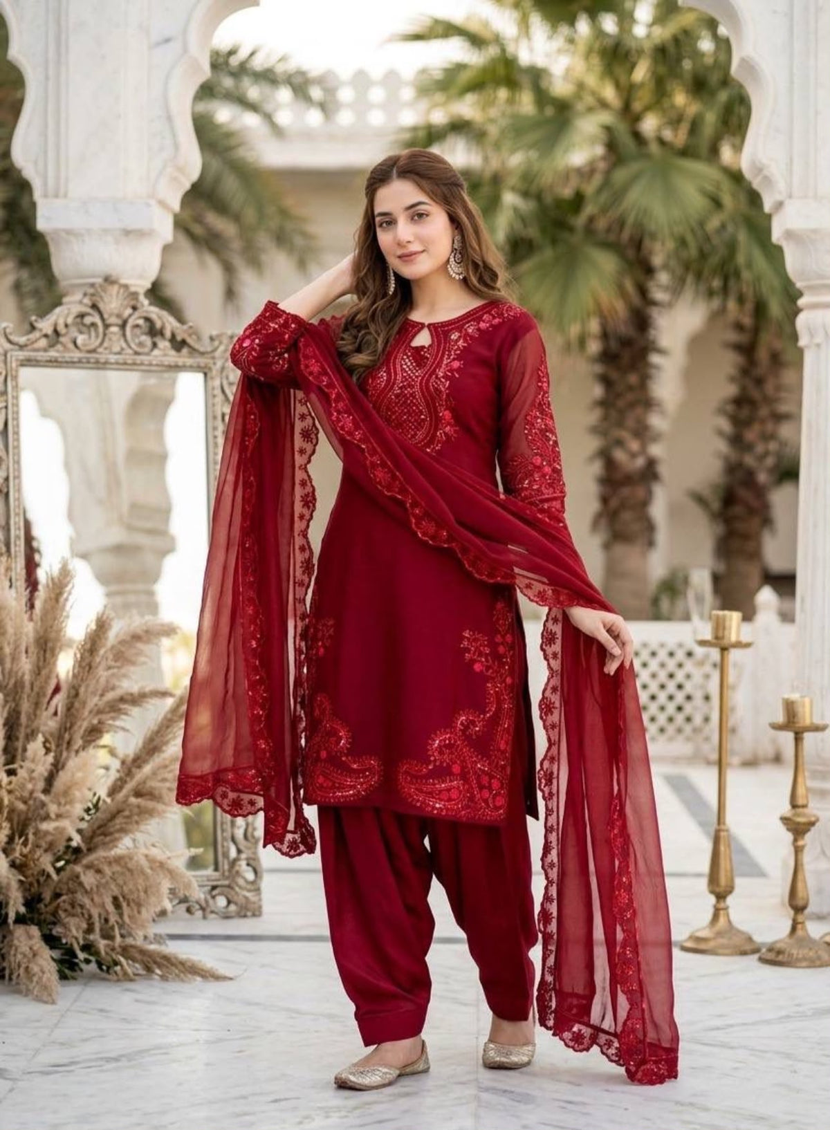 Elegant Deep Maroon Pink Stylish Fancy Cut Work Top With Fully Stitched Plazzo And Faux Georgette Dupatta in Berlin
