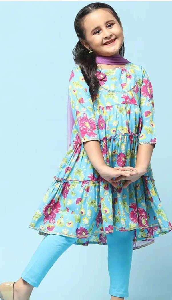 Girls Floral Printed Gotta Patti Pure Cotton Kurta with Leggings & Dupatta in Germany