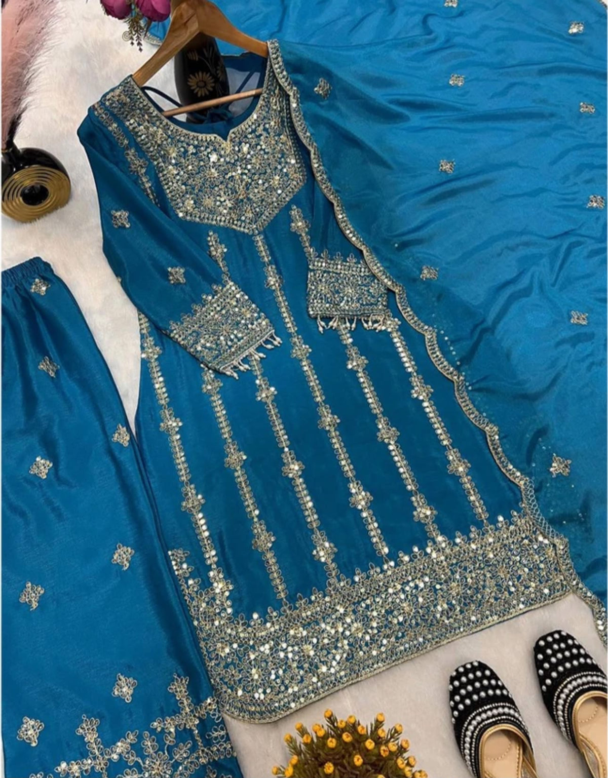 Women Pure Silk Ethnic Top Palazzo Dupatta Set in Berlin