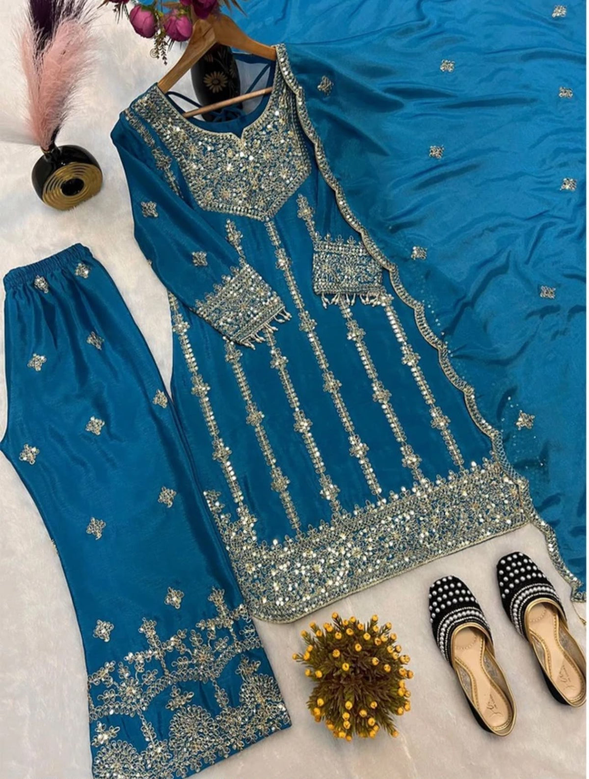 Women Pure Silk Ethnic Top Palazzo Dupatta Set in Berlin