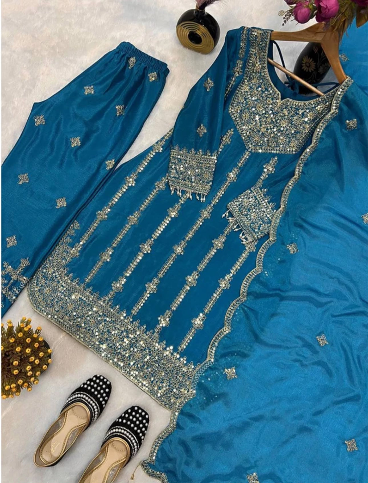 Women Pure Silk Ethnic Top Palazzo Dupatta Set in Berlin