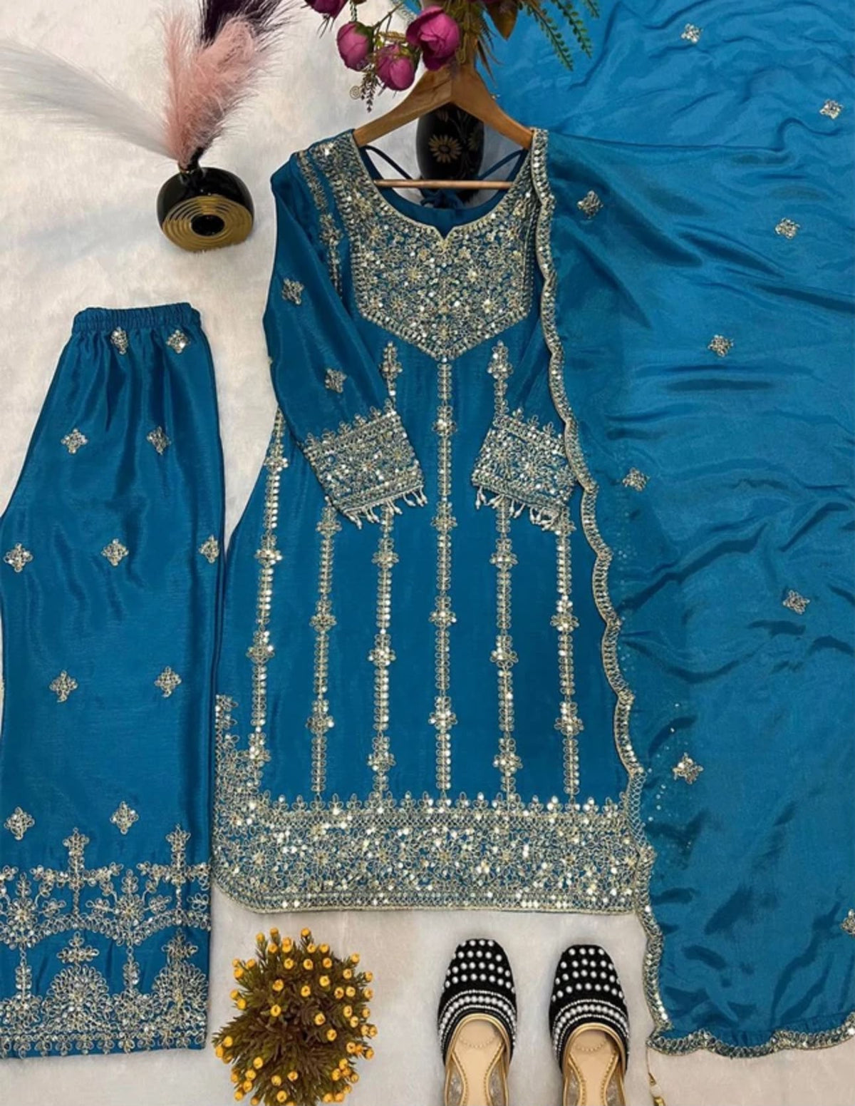 Women Pure Silk Ethnic Top Palazzo Dupatta Set in Berlin