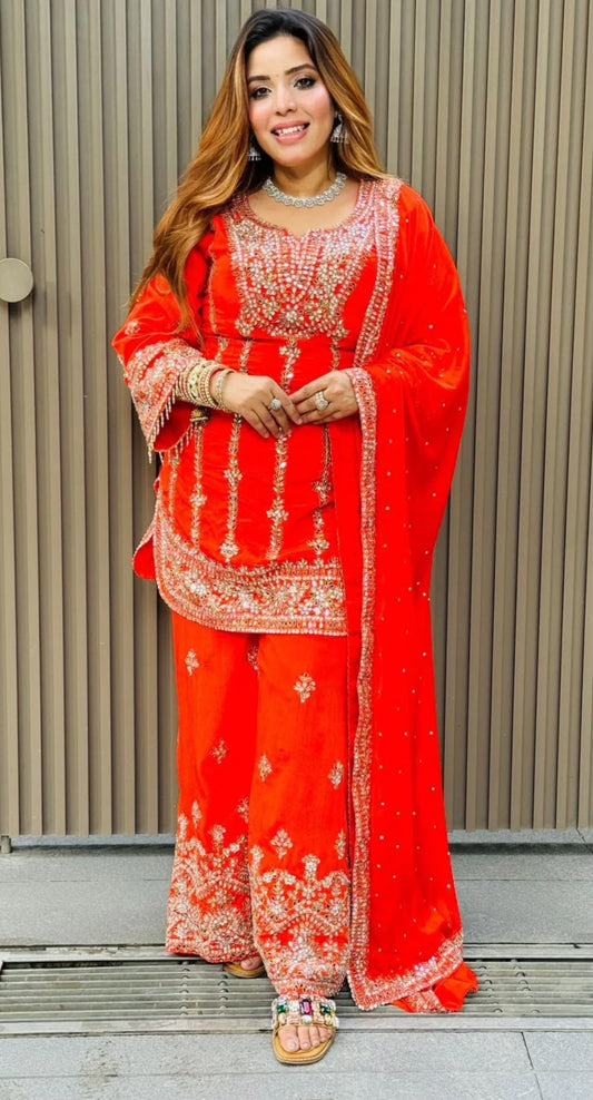 Women Pure Silk Ethnic Top Palazzo Dupatta Set in Berlin