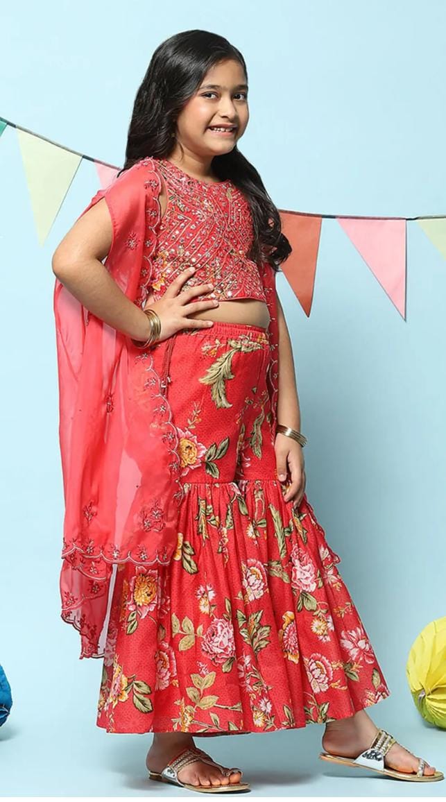 Girls Red Printed Suit Set in Germany - Neha Couture Berlin