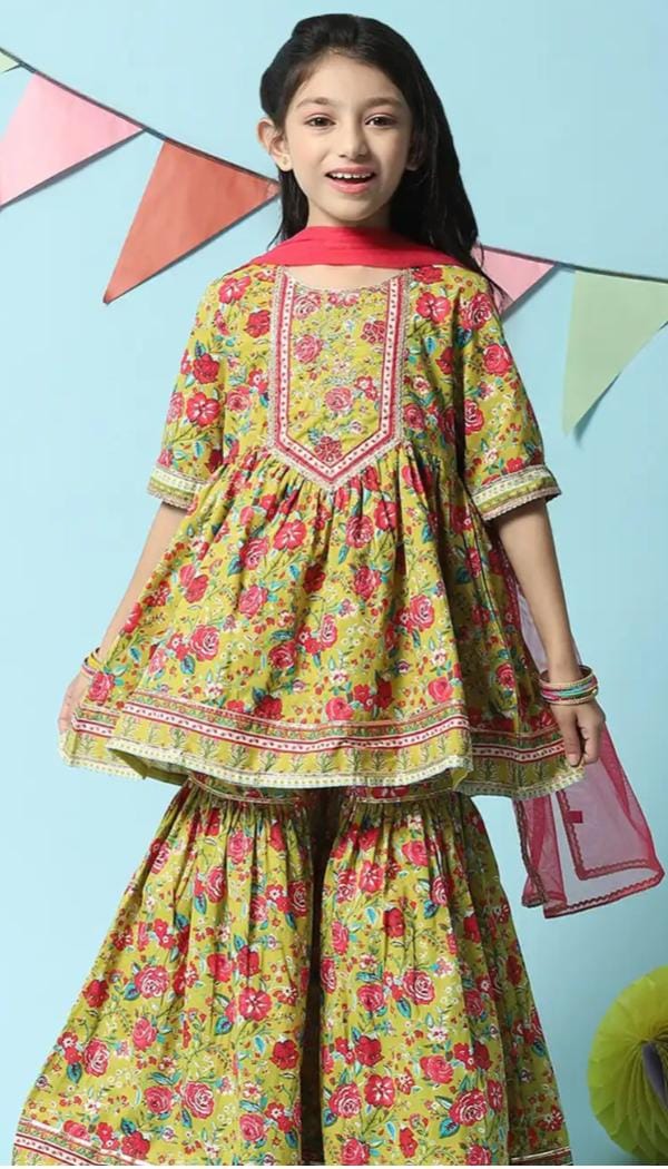 Girls Floral Printed Regular Kurta with Sharara & Dupatta in Germany - Neha Couture Berlin