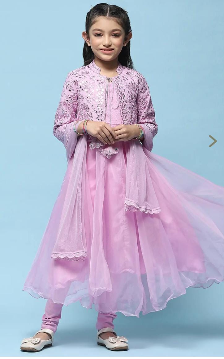 Girls Pink Embroidered Kurta, Churidar, Dupatta with Jacket in Germany - Neha Couture Berlin