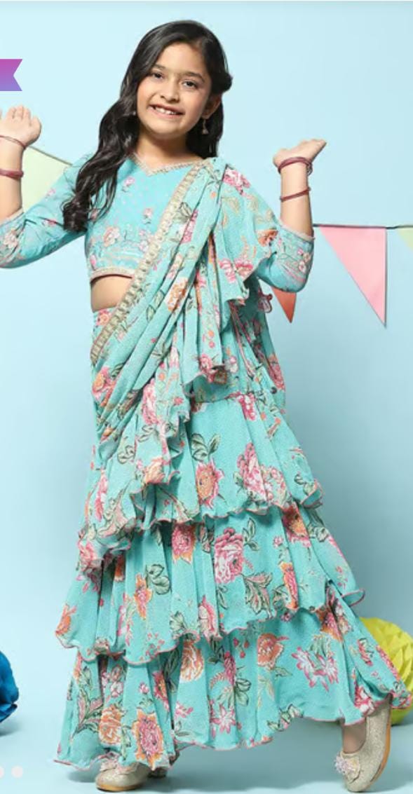 Girls Turquoise Printed Embellished Lehenga Set in Germany - Neha Couture Berlin