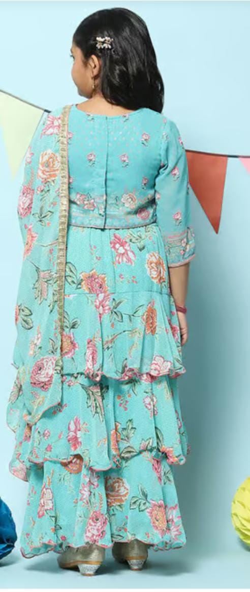 Girls Turquoise Printed Embellished Lehenga Set in Germany - Neha Couture Berlin