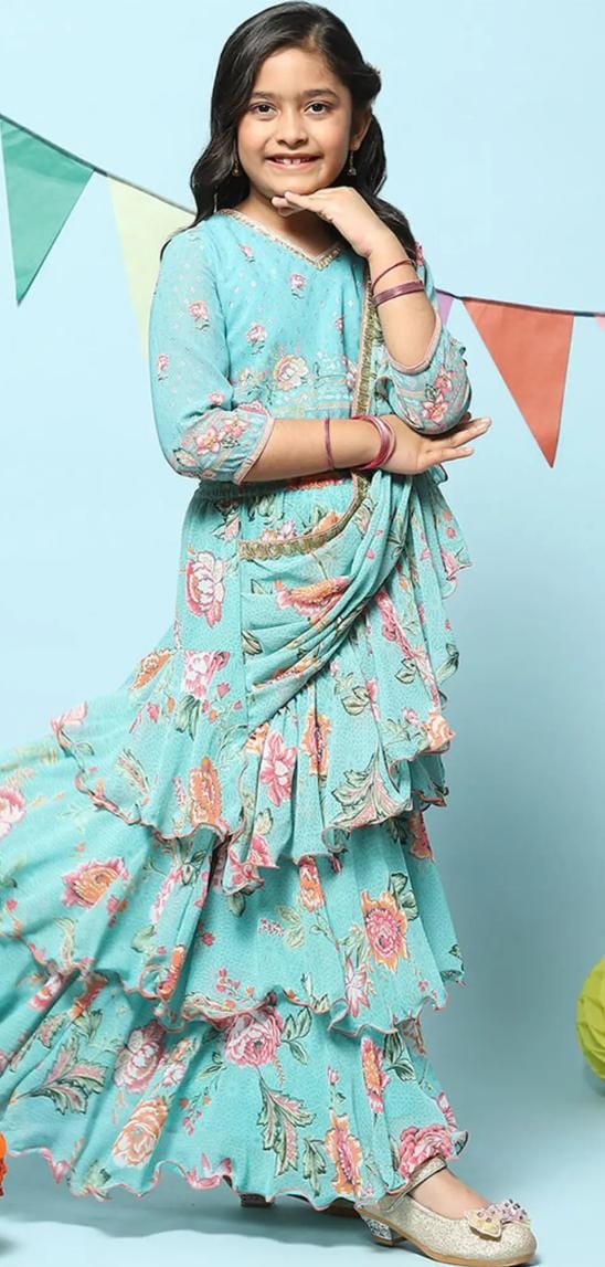 Girls Turquoise Printed Embellished Lehenga Set in Germany - Neha Couture Berlin