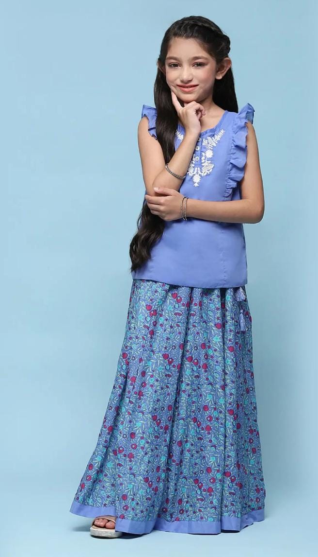 Girls Blue Cotton Embroidered Casual Top and Tees - Neha Couture Berlin