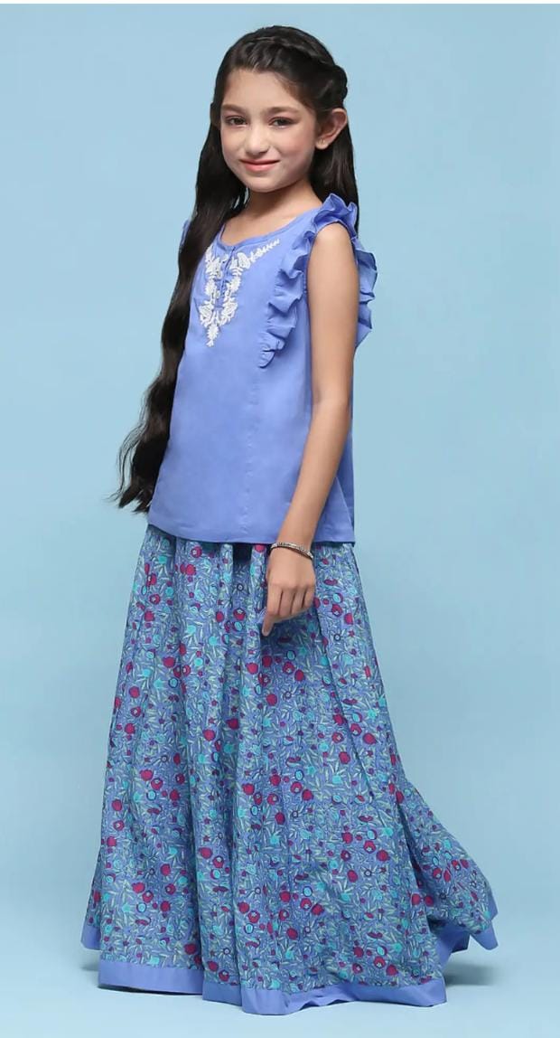 Girls Blue Cotton Embroidered Casual Top and Tees - Neha Couture Berlin