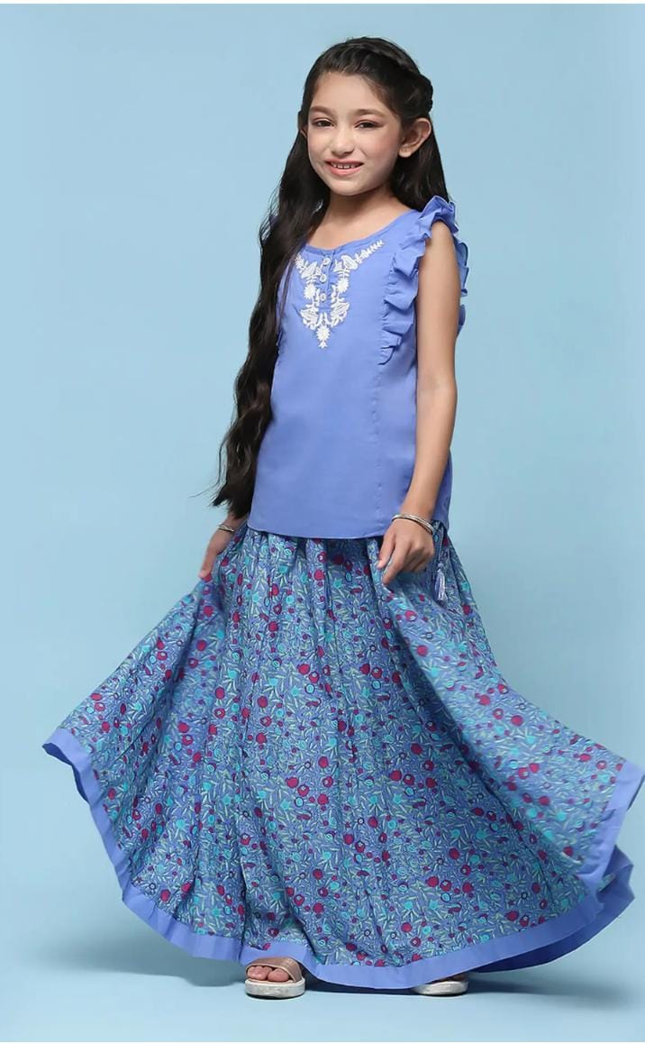 Girls Blue Cotton Embroidered Casual Top and Tees - Neha Couture Berlin