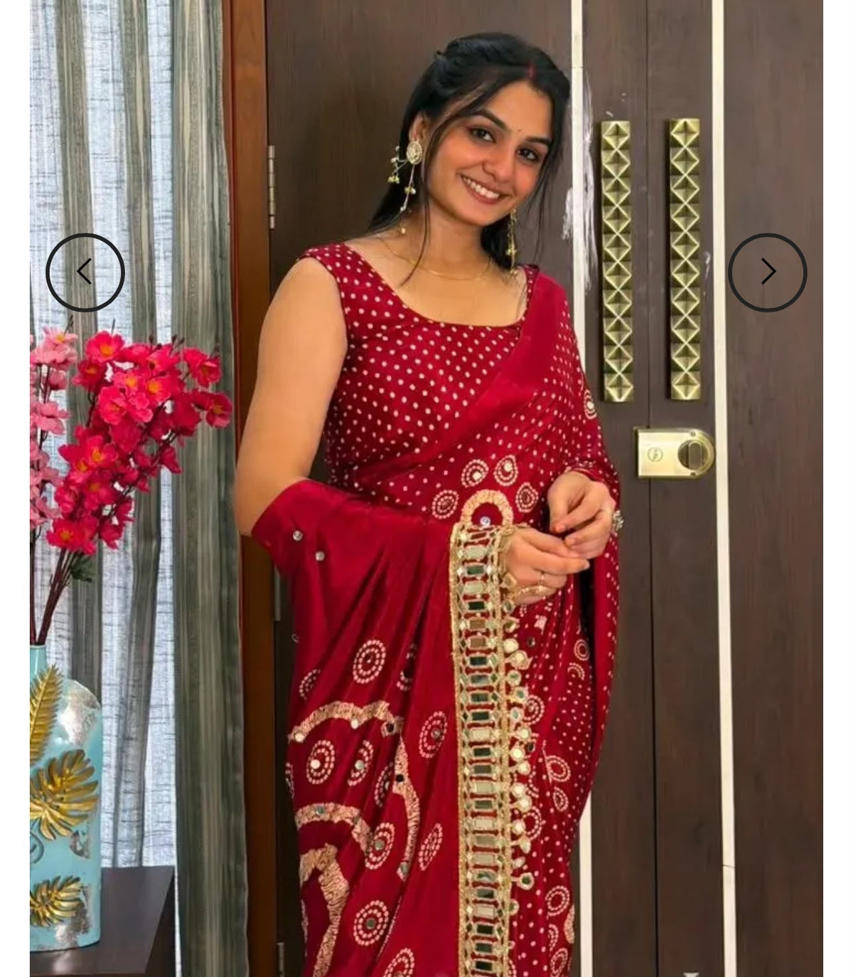 Red Gajji Silk Bandhej Saree with Mirror Lace in Germany - Neha Couture Berlin