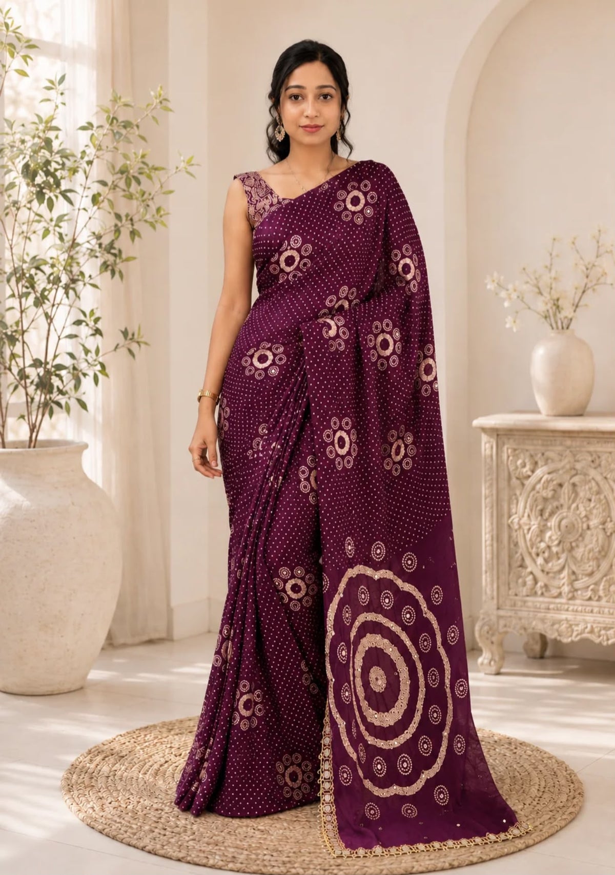 Purple Gajji Silk Bandhej Saree with Mirror Lace in Germany - Neha Couture Berlin
