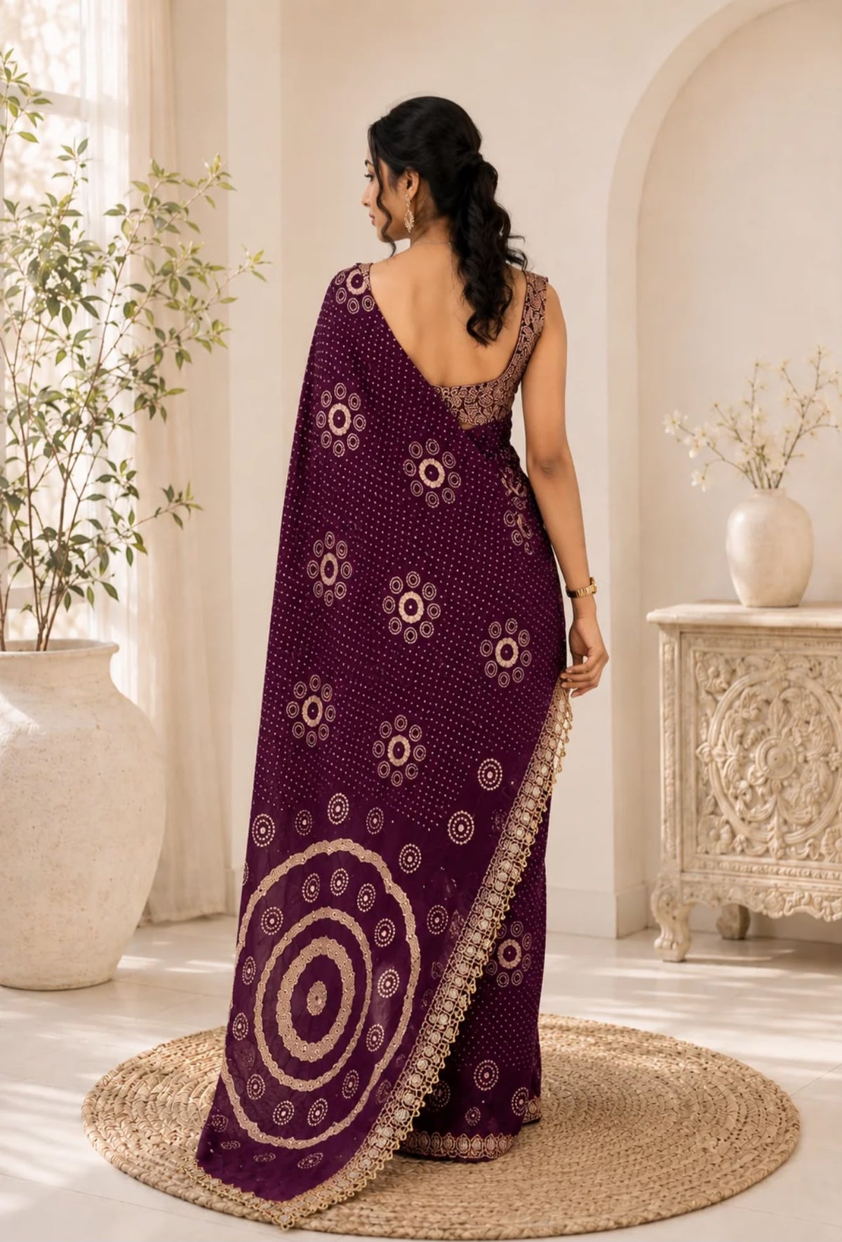 Purple Gajji Silk Bandhej Saree with Mirror Lace in Germany - Neha Couture Berlin