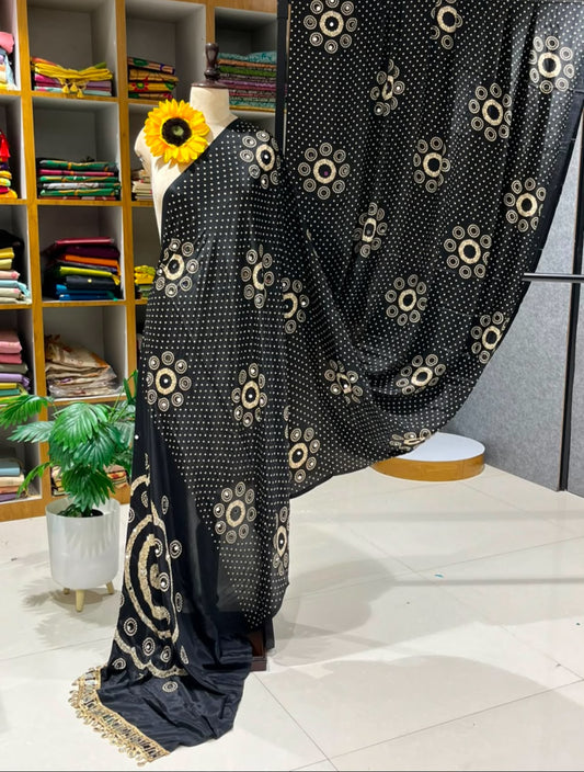 Black Gajji Silk Bandhej Saree with Mirror Lace - Neha Couture Berlin
