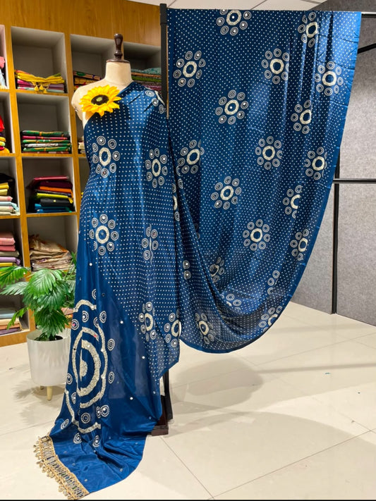 Blue Gajji Silk Bandhej Saree with Mirror Lace - Neha Couture Berlin