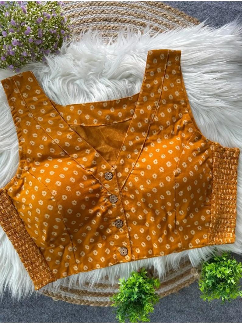 MUSTARD BANDHANI AJRAK ELASTIC PURE COTTON BLOUSE - Neha Couture Berlin