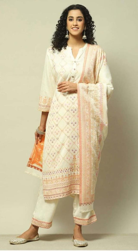 White Straight Fit Printed Kurta Set in Germany - Neha Couture Berlin