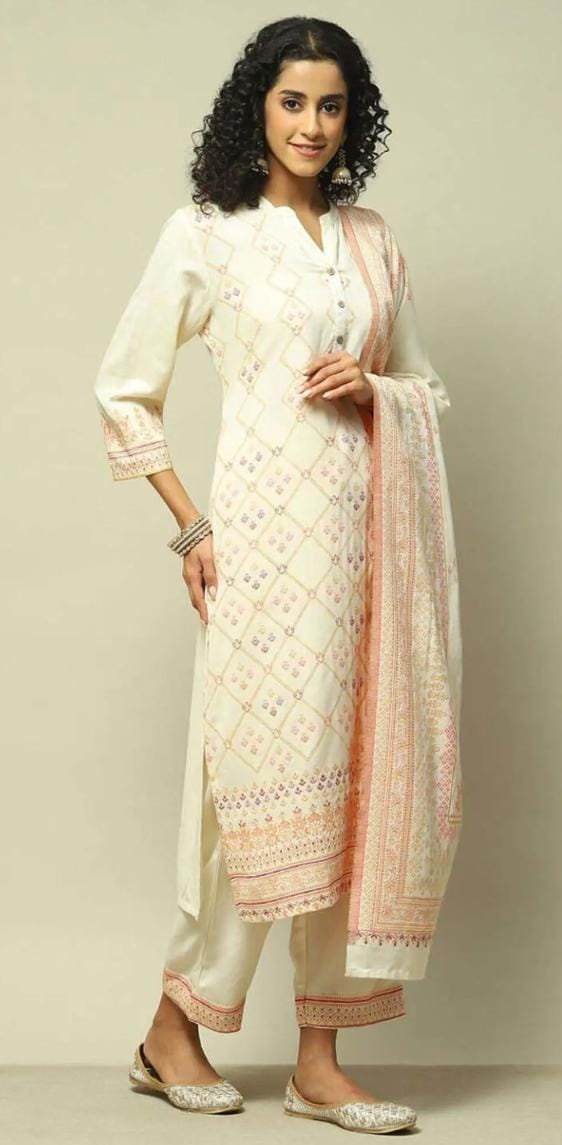 White Straight Fit Printed Kurta Set in Germany - Neha Couture Berlin