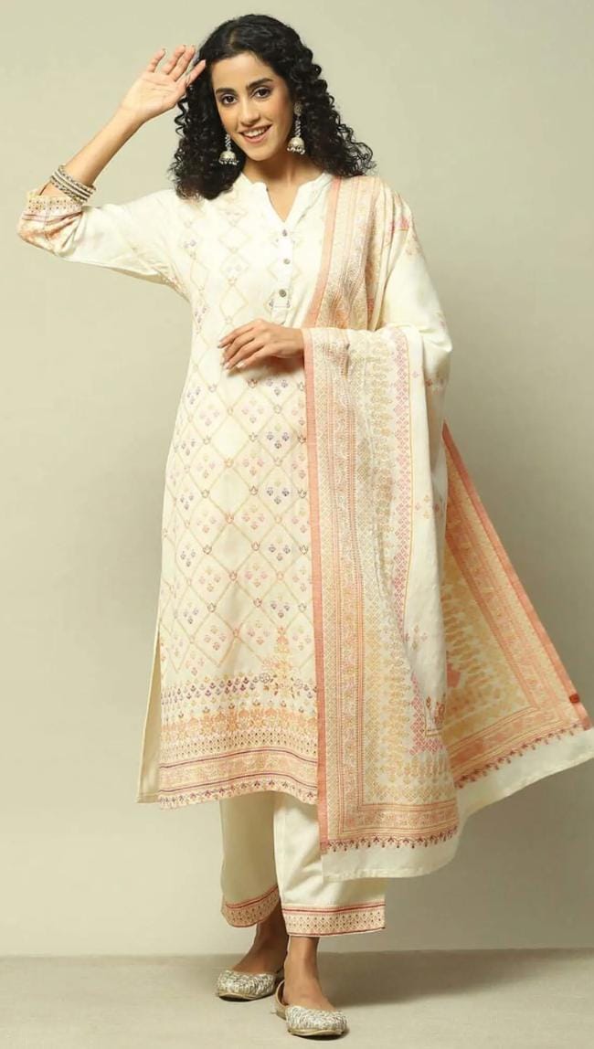 White Straight Fit Printed Kurta Set in Germany - Neha Couture Berlin