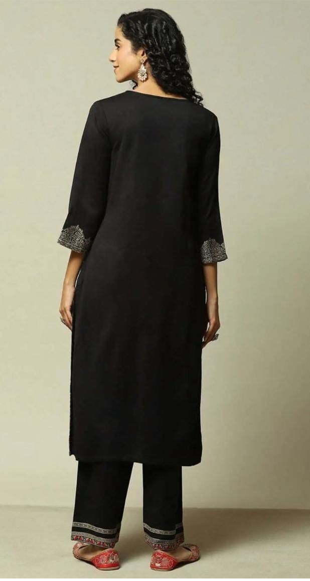Black Straight Fit Printed Kurta Set in Germany - Neha Couture Berlin