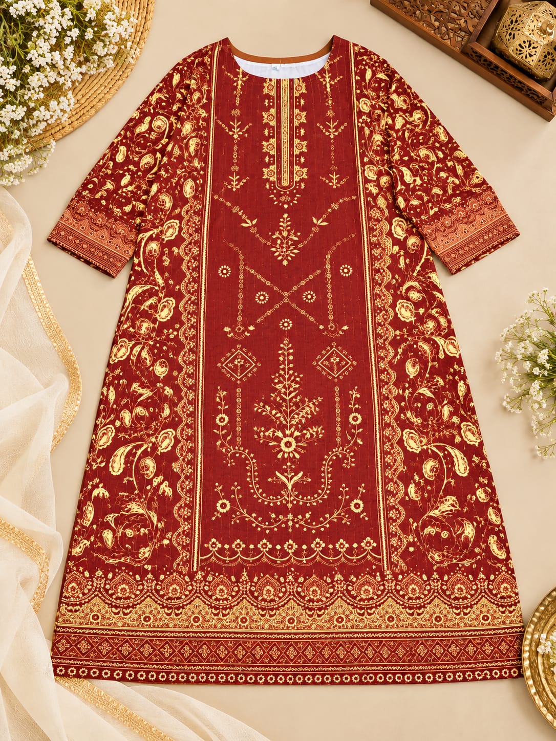 Maroon & Gold Traditional Geometric Print Straight Kurta and Pant In Germany - Neha Couture Berlin