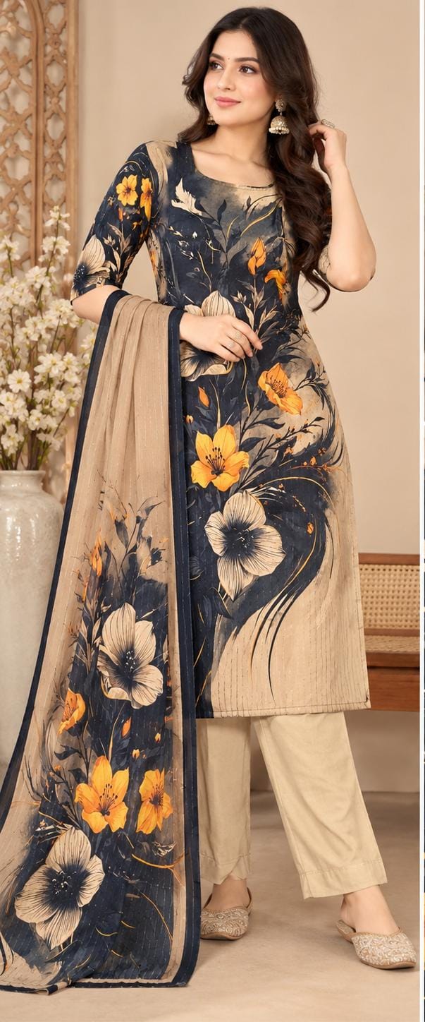 Women's Navy Blue & Beige Floral Printed Crepe Unstitched Salwar Suit Material with Dupatta in Germany - Neha Couture Berlin