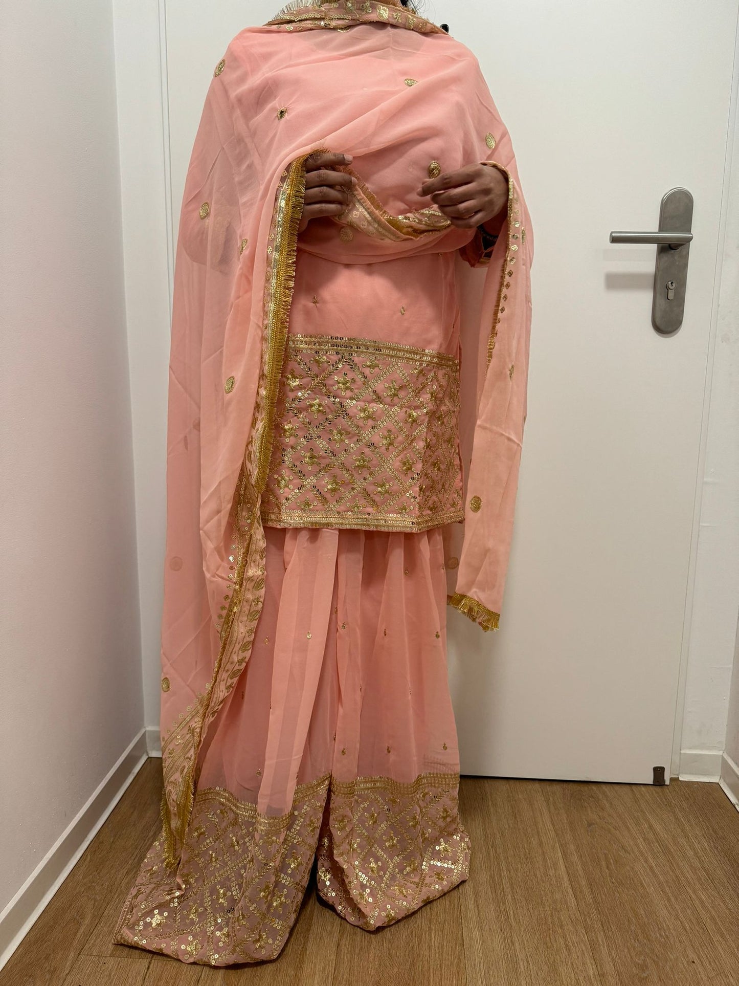 Heavy faux georgette embroidery sequence work sharara suit in Essen